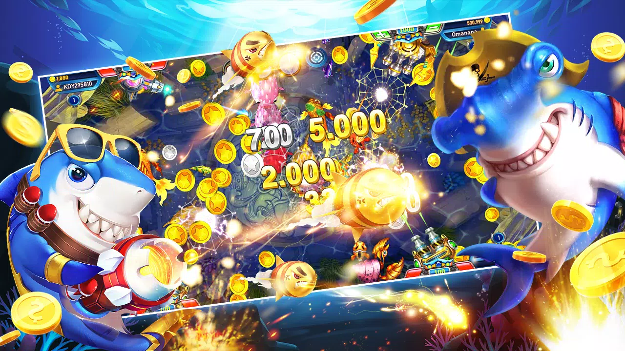 ปืนใหญ่เล็งไปยังฝูงปลาในฉากเกมยิงปลาใต้ทะเล
