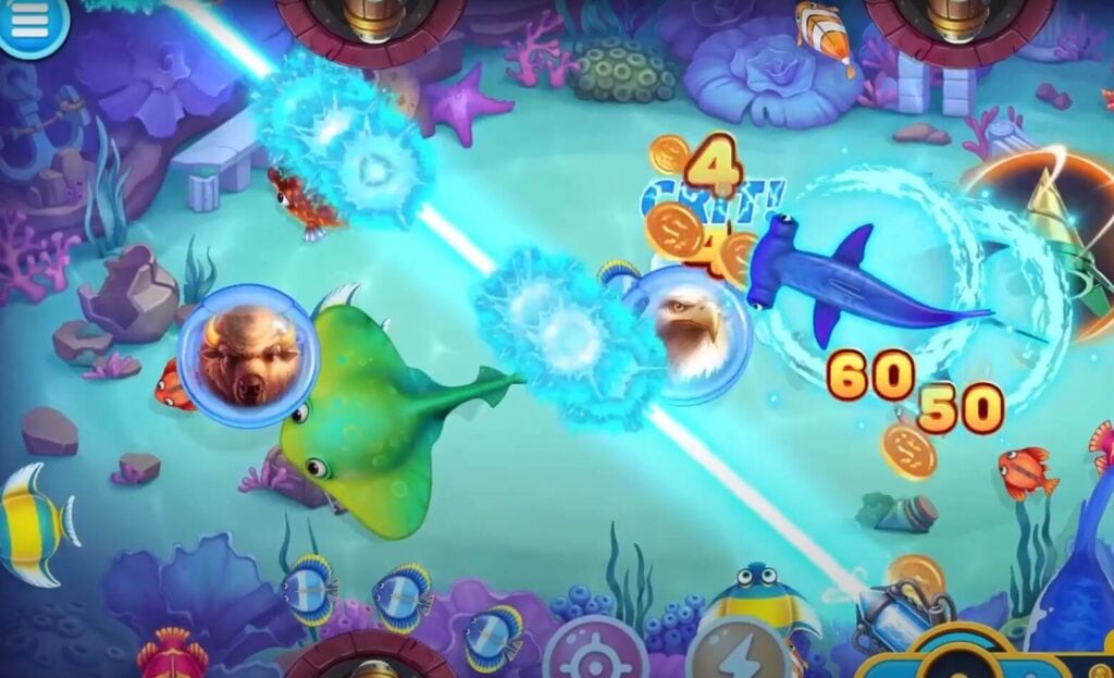 หน้าจอเกมอาร์เคดที่มีสัตว์น้ำเป็นเป้าหมาย